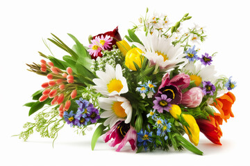 Beautiful bouquet of colorful spring flowers on white background. 