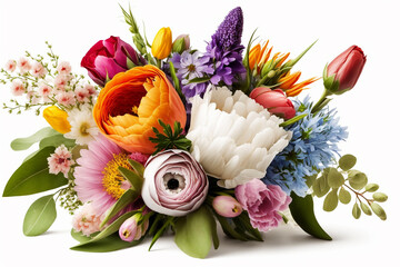 Beautiful bouquet of colorful spring flowers on white background. 