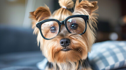 A funny Yorkie caught in a candid moment, wearing an amusing wig and oversized glasses, creating a laugh-out-loud scene that showcases the endearing goofiness of our furry friends. - obrazy, fototapety, plakaty