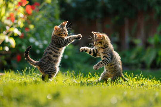 Two striped cats play on a sunny green lawn bouncing high and releasing claws