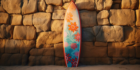 Surfboard mockup on a sunny summer beach day,Surfboard Png Image,Arafed surfboard with a painting of a sunset and palm trees generative ai

