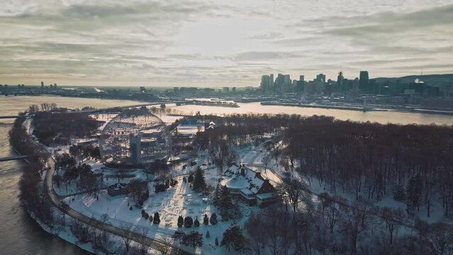 Montreal, Canada - January 8 2023: Ariel view of Biosphere of Montreal in a snowy winter day