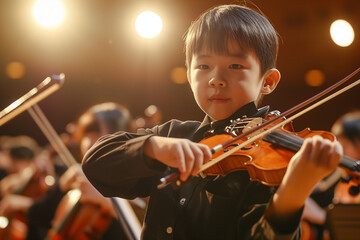 Young Asian Boy Child Violinist Playing in Orchestra, Focus and Dedication