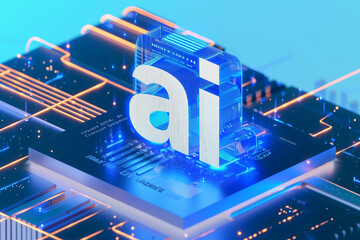 Artificial Intelligence Concept with AI Text on Circuit Board. Blue Neon Light. Technologie Background 