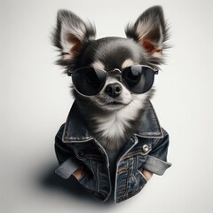 a dog in a denim jacket and sunglasses

