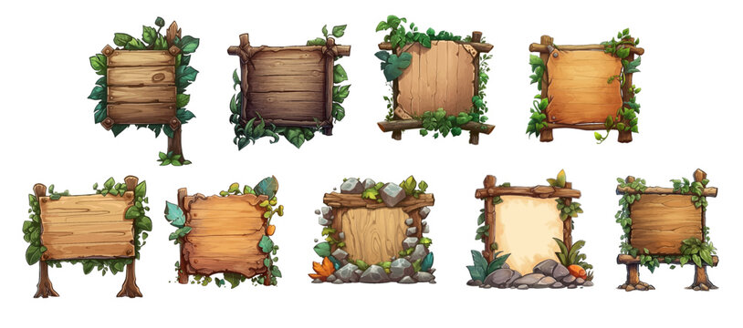 Wooden sign with leaves and stones in cartoon style. Ancient tablet with empty space on a white background. Fairy tale signs made of wood. Design for cartoon, book, game. Vector illustration
