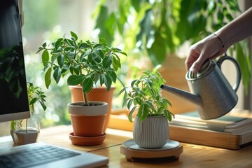 Person watering a small green plant in a pot in home office room.