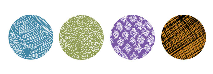 Colored round stickers with various hand-drawn pencil textures. Vector Naive Doodle Patterns