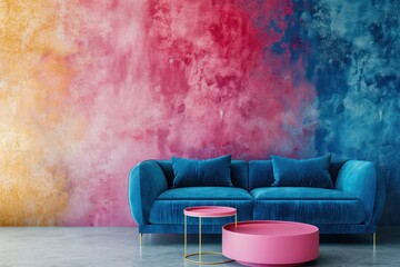 Contemporary Home Interior: Blue Sofa, Pink Coffee Table, and Artistic Stucco Wall