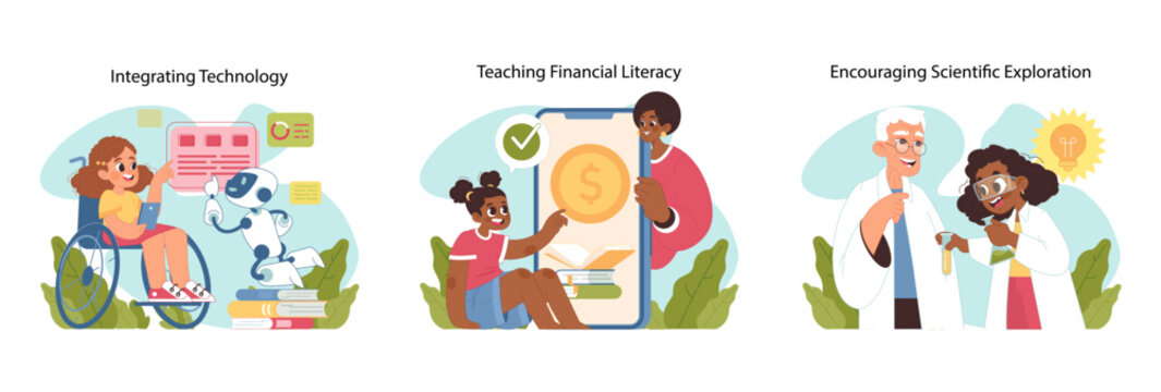 Bright and engaging vector artwork depicts children learning technology, financial literacy, and science, emphasizing hands-on experience and inclusivity in education. Flat vector illustration
