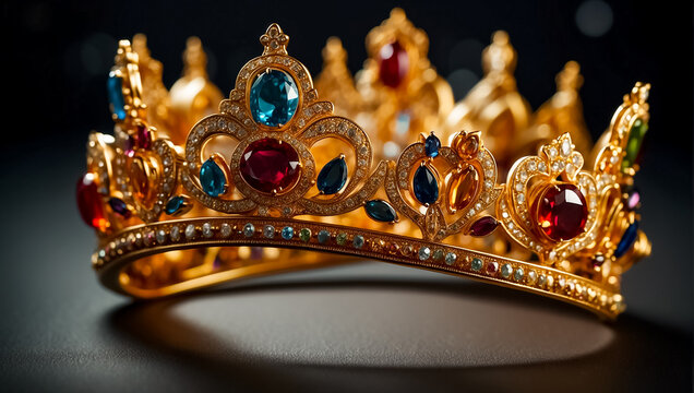 Beautiful golden crown with stones on a dark background rich