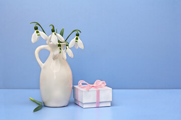 Bouquet white flowers snowdrops in porcelain vase, gift box on a blue table on blue background with space for text. Spring decoration