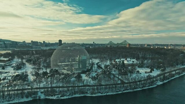 Montreal, Canada - January 8 2023: Ariel view of Biosphere of Montreal in a snowy winter day