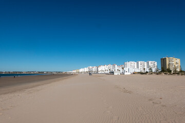Panorama. Panoramic view of the beautiful Valdelagrana beach, located in El Puerto de Santa María,...