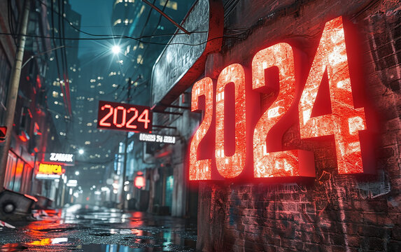Texto "2024", luzes neon a noite 