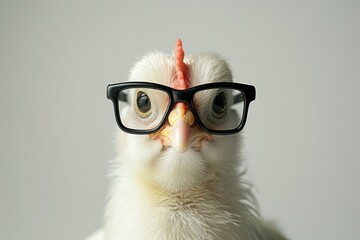 White chicken wearing black rimmed glasses