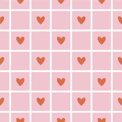 Vector seamless pattern with grid and hearts. Charming romantic endless background with red hearts for Valentines day, holiday design, wallpaper, fabric. Hand drawn festive pattern in flat style