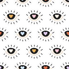 Vector seamless pattern with heart inside eye. Lovely romantic endless background with pastel eyes for Valentines day, holiday design, wallpaper, fabric. Hand drawn festive pattern in flat style