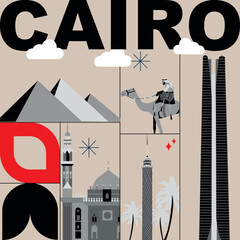 Typography word Cairo branding technology concept. Collection of flat vector web icons. Egypt culture travel set, architectures, specialties detailed silhouette. Doodle famous landmarks.