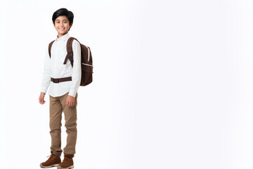 Middle-eastern school boy with backpack over white background. Middle school smiling at camera Back to school. Copy space for advertising blank. Childhood, education, products for children - obrazy, fototapety, plakaty