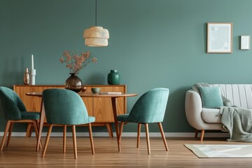 Scandinavian Home Interior with Mint Dining Chairs and Green Wall