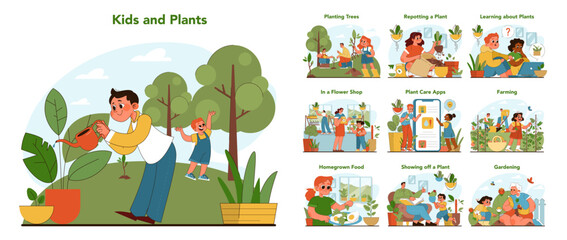 Kids and plants set. Boys and girls exploring nature with family members. Engaging children in botany through activities like gardening, farming, and using plant care apps. Flat vector illustration