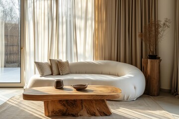Elegant Japandi Home Interior with Curved Sofa and Wood Table