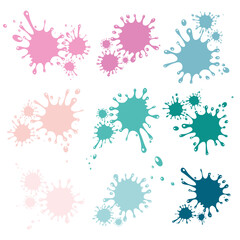 Colored paint splashes collection, isolated on white background. Splash splatter abstract shape. Vector illustration