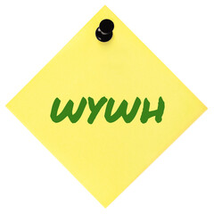 Wish you were here texting acronym WYWH, wistful longing text concept, green marker romance crush slang message, isolated yellow adhesive post-it sticky note abbreviation sticker black thumbtack