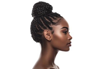 Portrait of beautiful black african american woman with curly long braids and bun. 