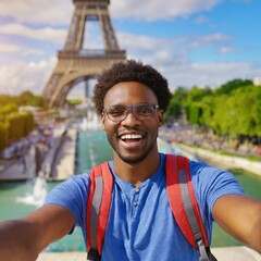 Black man taking a selfie in front of the Eiffel Tower, in Paris, on a sunny day