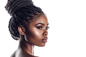 Portrait of beautiful black african american woman with curly long braids and bun. 
