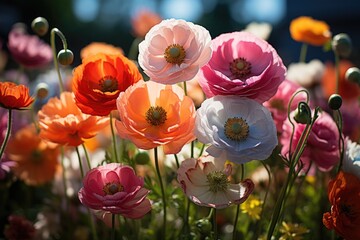 Nature beauty in summer multi colored flowers in garden and back sky, Summer Symphony A Gardens Kaleidoscope of Colors Generative AI