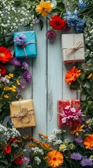 Fototapeta na wymiar A wreath made of flowers and wrapped presents