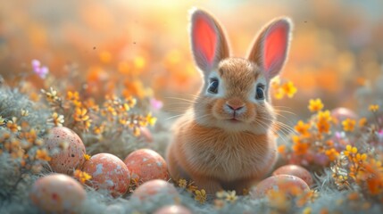 Fototapeta na wymiar A small rabbit sitting in a field of flowers