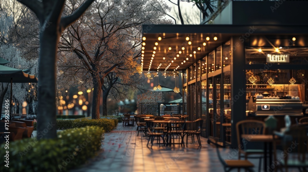 Poster A sidewalk with tables, chairs and umbrellas