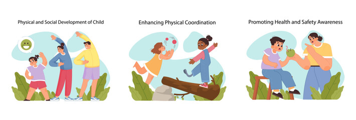 Child development set. Children in active play, balancing and parent teaching health with snack. Importance of kids physical growth. Parental support in health matters. Flat vector illustration