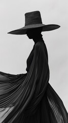 A woman wearing a large hat and a long dress