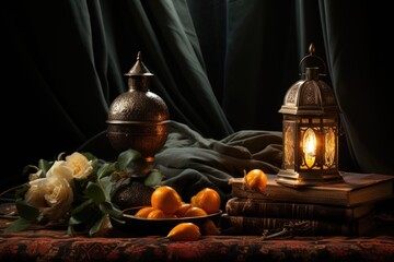 Night view image featuring lamp, mat, Quran, Ramadan month, lantern with candles, and flowers generative AI