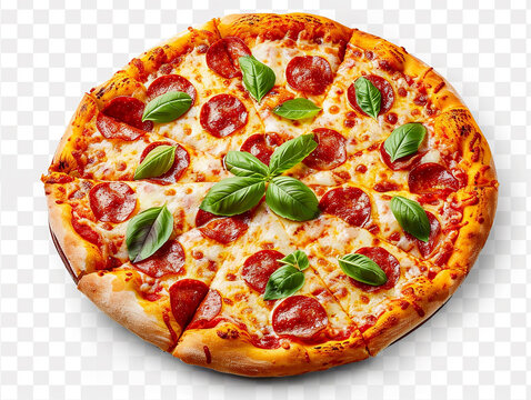 uma deliciosa pizza de peperoni rec&eacute;m-preparada isolada em um fundo transparente