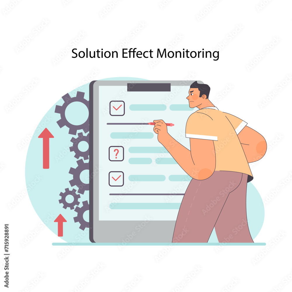 Poster solution effect monitoring concept. man controlling work process, checking off list. diligent assess