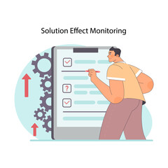 Solution effect monitoring concept. Man controlling work process, checking off list. Diligent assessment and progress tracking. Systematic evaluation of outcomes. Flat vector illustration
