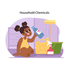 Poison prevention for kids. Curious little girl examining bottle of household chemicals, underscoring importance of product safety. Keeping detergents away from children. Flat vector illustration