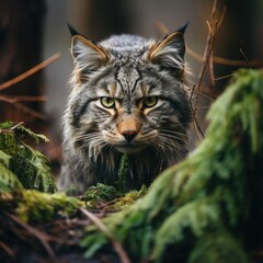 Naklejka na ściany i meble Realistic photo of an aggressive lynx with predatory eyes from the shelter, looking camera generative AI