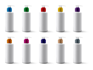 3D Illustration. Colored pump cosmetic tubes isolated.