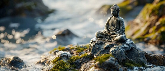 A serene buddha sits atop a rugged rock, amidst the peaceful waters and natural landscape, a powerful symbol of stillness and balance in the great outdoors