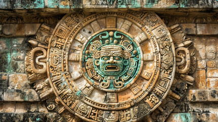 Fototapeta na wymiar Detailed view of the ancient Mayan calendar stone carving.