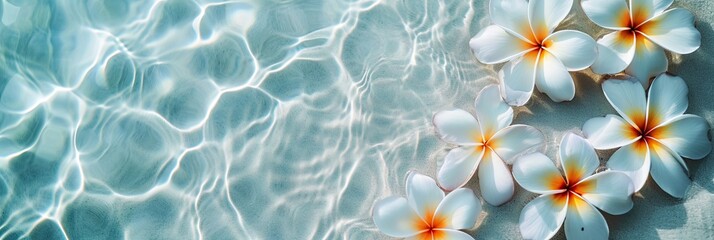 Fototapeta premium Floating Serenity: Frangipani Flowers on Transparent Ocean Waters