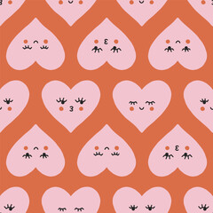 Vector seamless pattern with cute smiling hearts. Lovely romantic endless background for Valentine’s day, holiday design, nursery, fabric. Hand drawn kids pattern with red hearts. Flat illustration