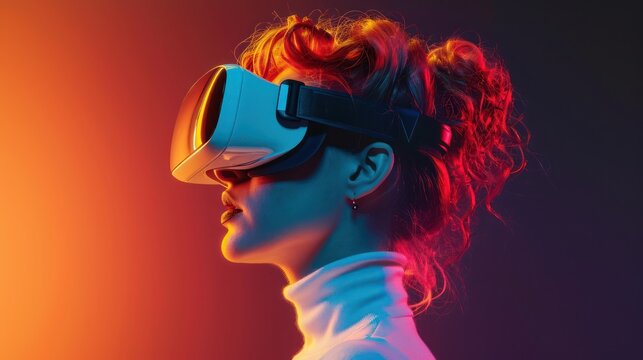 Red haired Woman wearing VR headset, side view